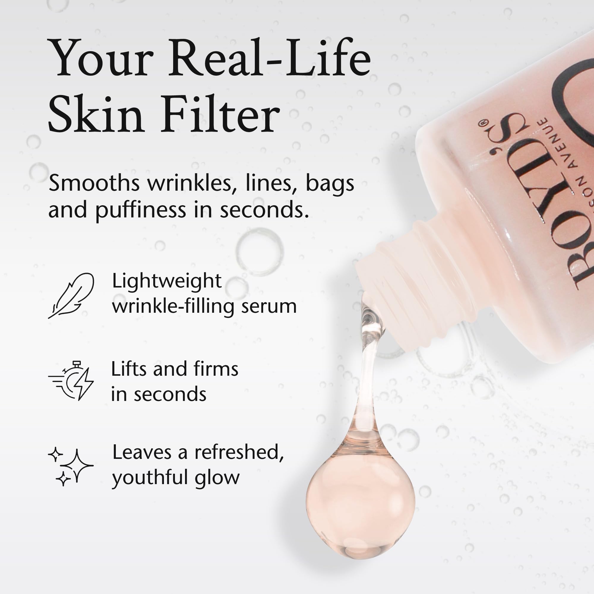 Boyd’s No Lines Serum application with fingers demonstrates precise targeting of problem areas