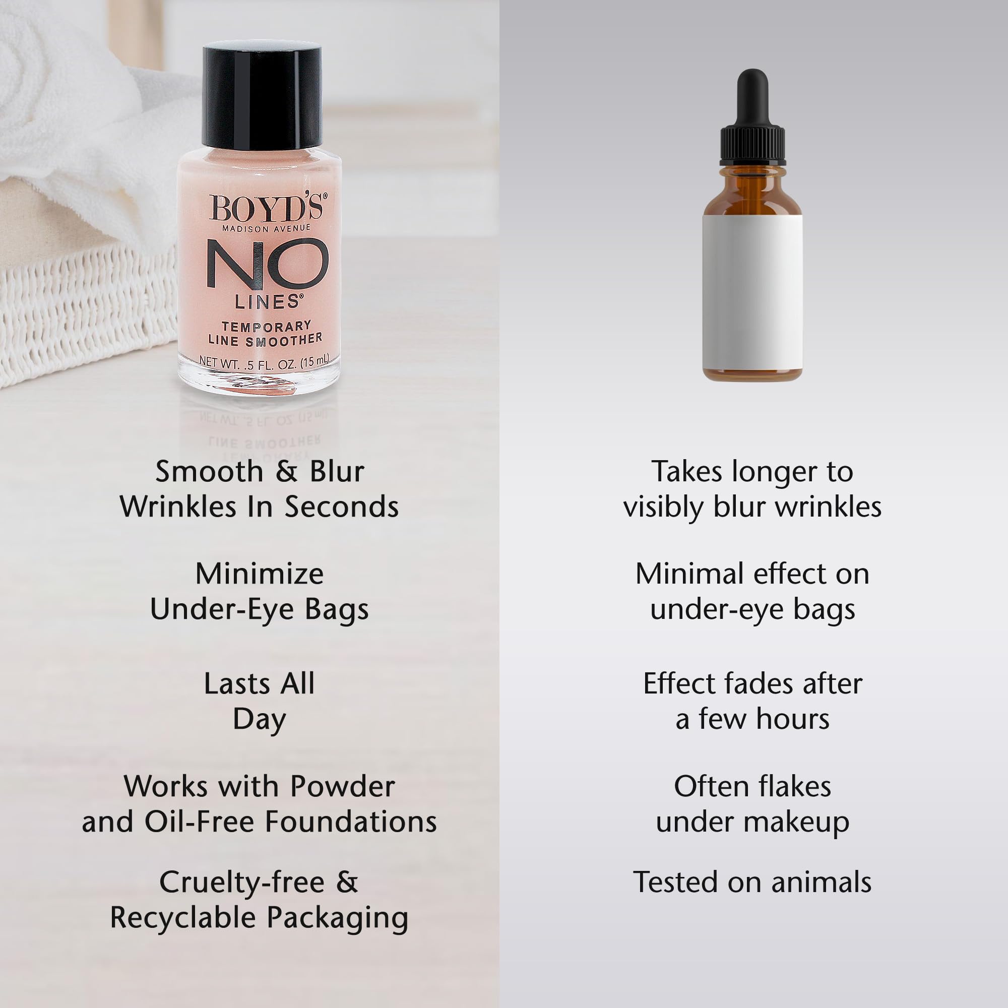 Boyd’s No Lines Serum packaging highlights recyclable materials and cruelty-free promise