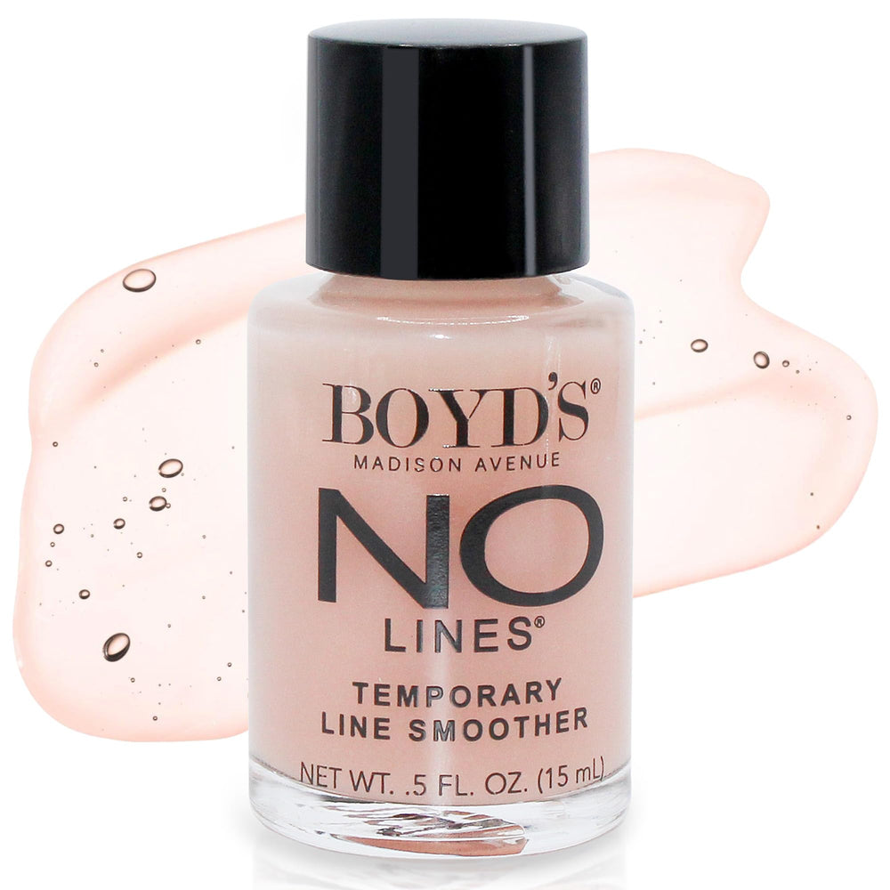 Boyd’s No Lines Serum tube closeup showing quick-smoothing action on fine lines