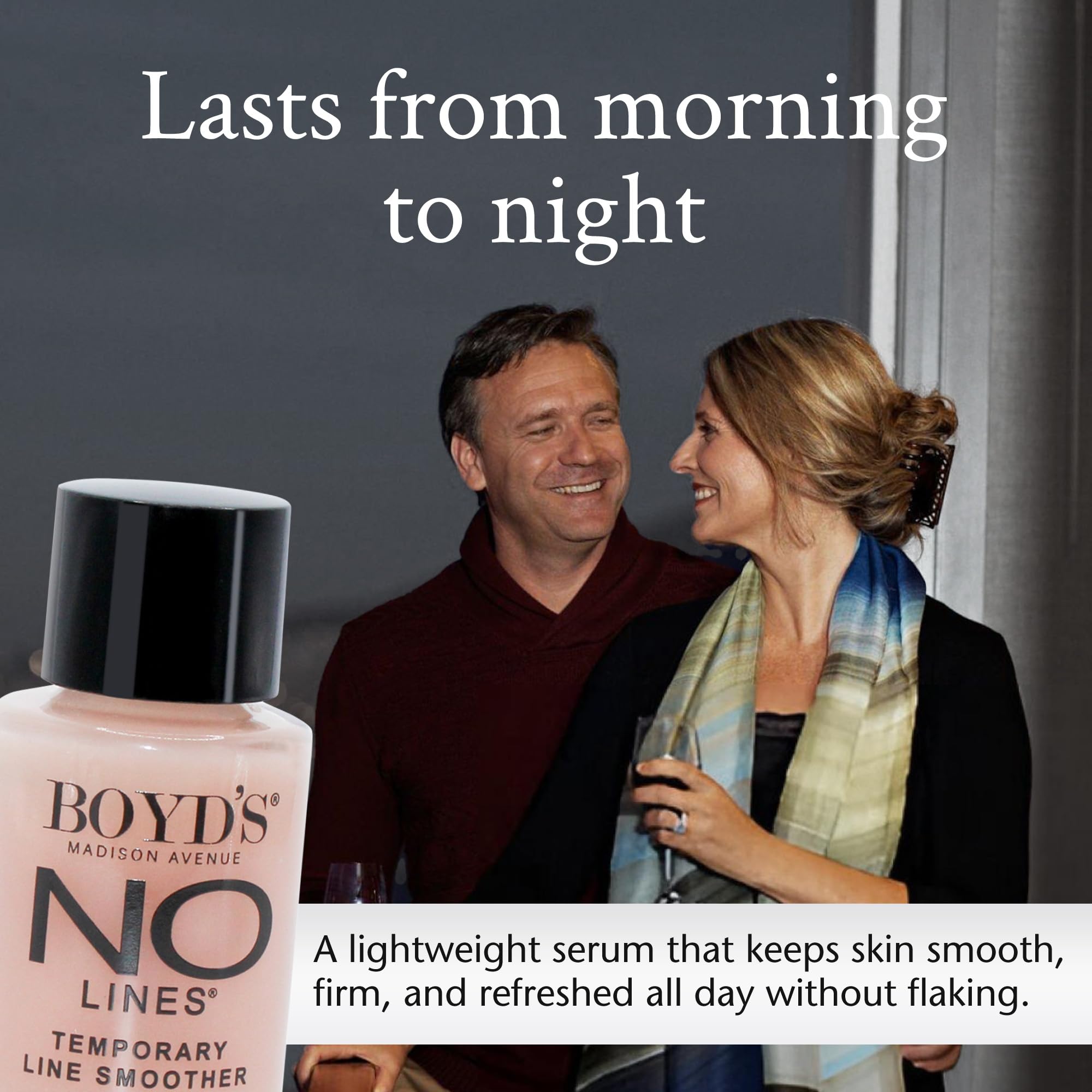 Boyd’s No Lines Serum under-eye area illustrates softened puffiness appearance