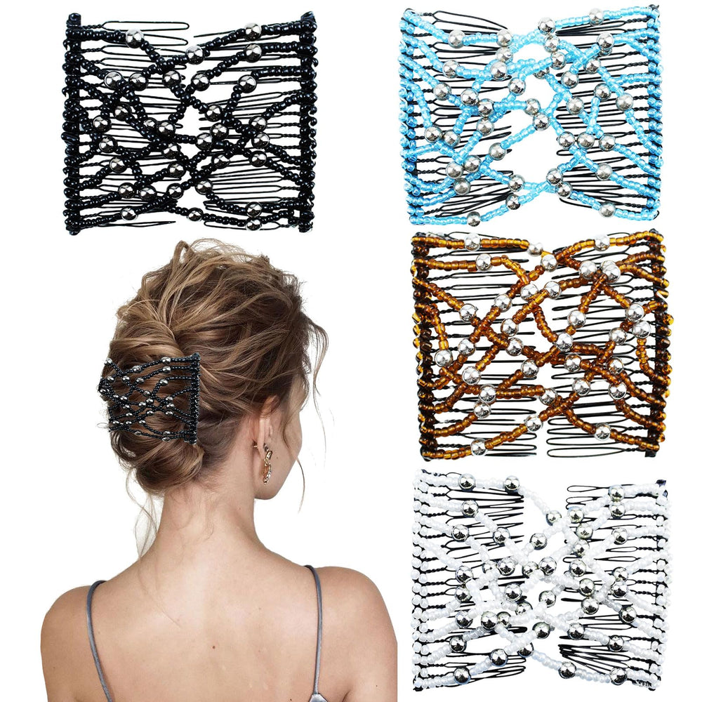 BOYIVI elastic beaded magic hair comb black side view, secure updos.
