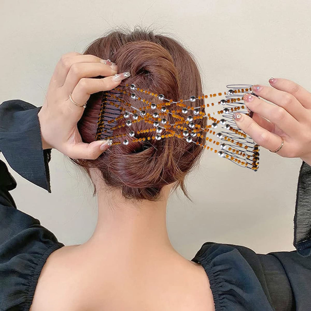 BOYIVI elastic beaded magic hair comb brown, front view, gentle grip for everyday hairstyles.