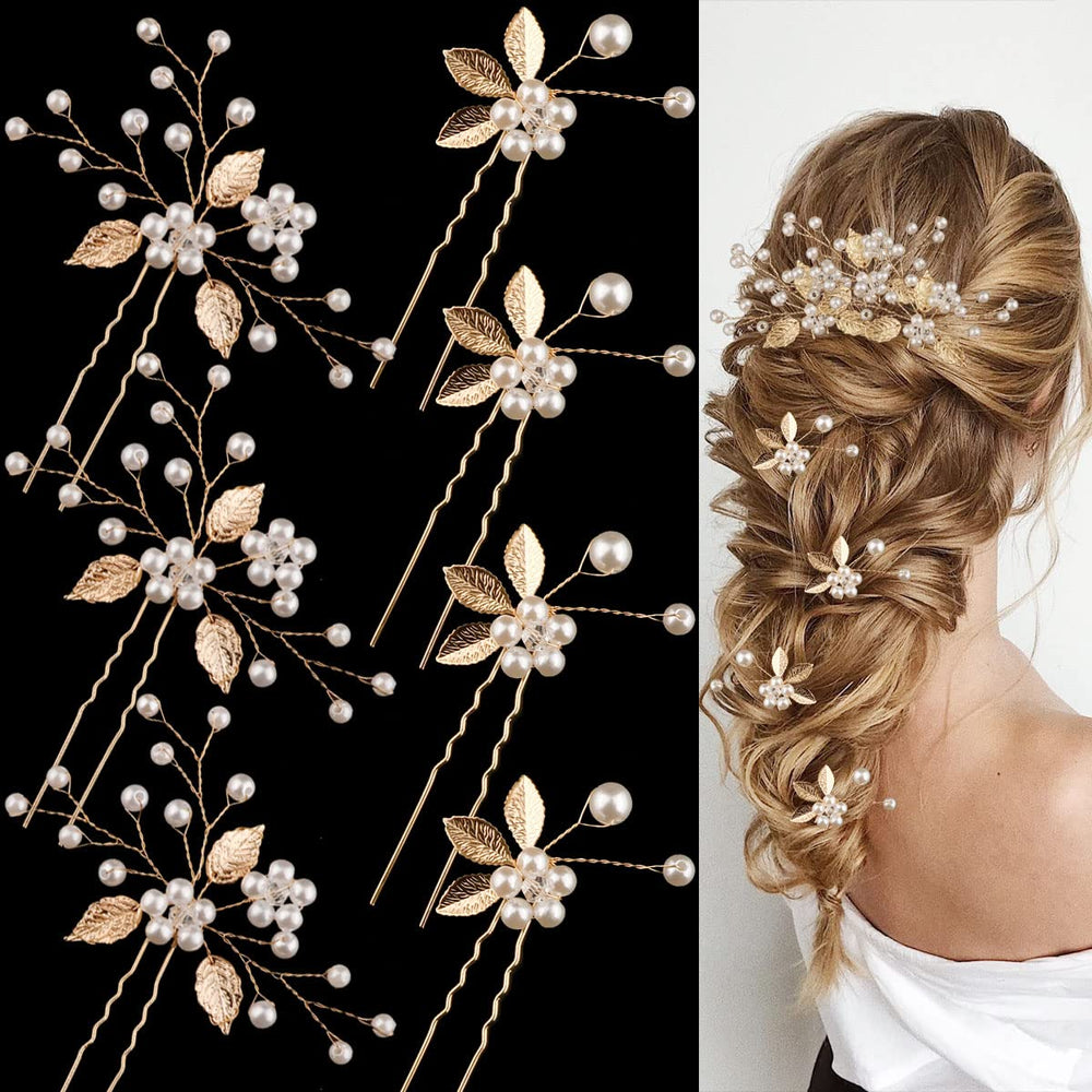 BOYIVI wedding hair pins with gold leaf and pearls for elegant bridal styling