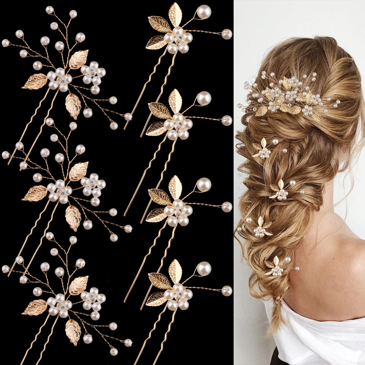 BOYIVI wedding hair pins with gold leaf and pearls for elegant bridal styling
