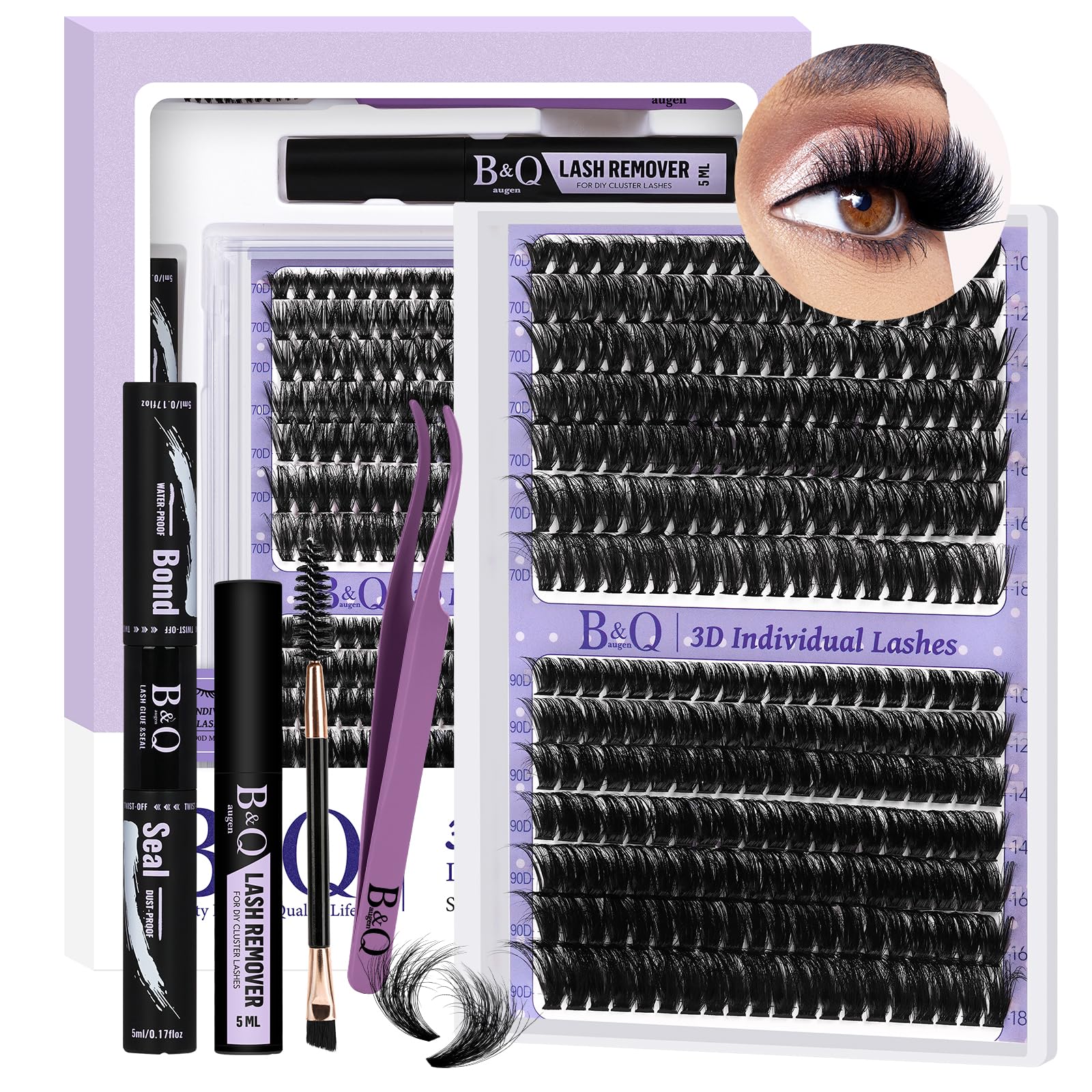 BQaugen lash extension kit 3D volume clusters dramatic, lightweight lashes.