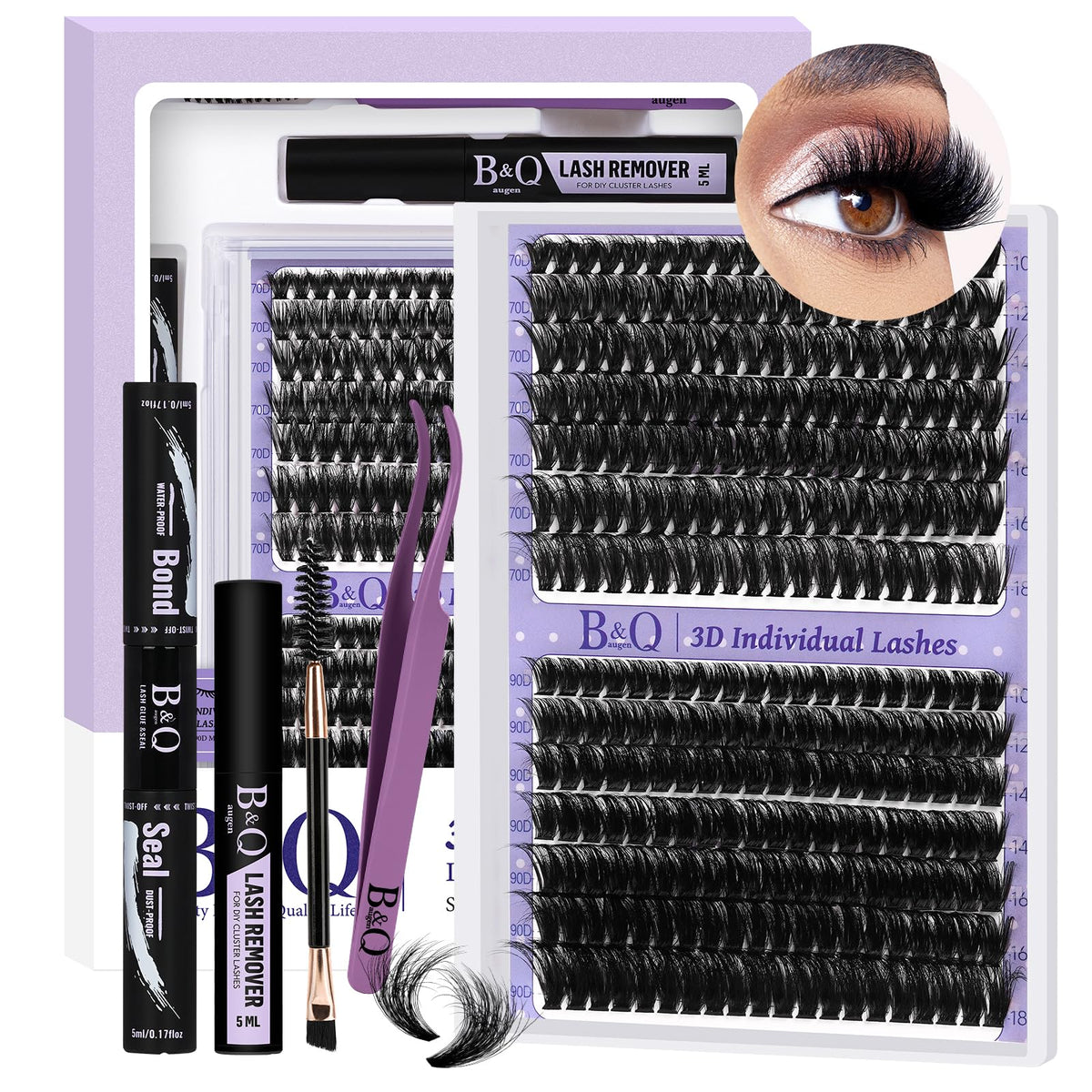 BQaugen lash extension kit 3D volume clusters dramatic, lightweight lashes.