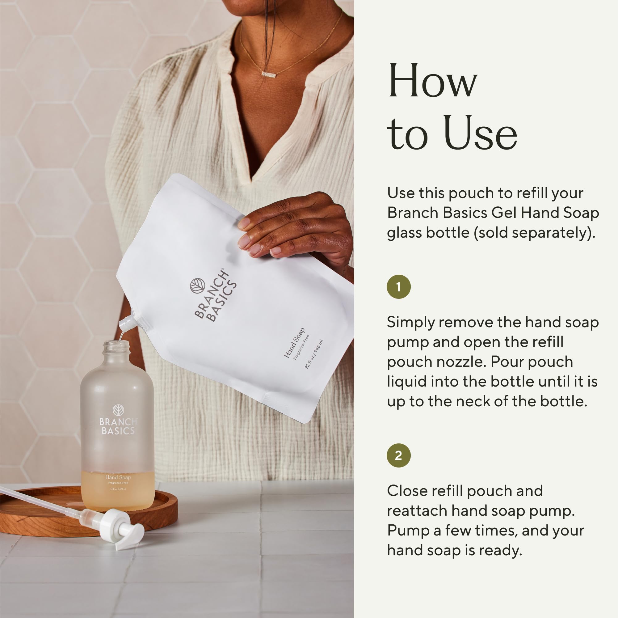 Branch Basics gel hand soap bottle with pump demonstrates fragrance-free cleansing for sensitive skin.