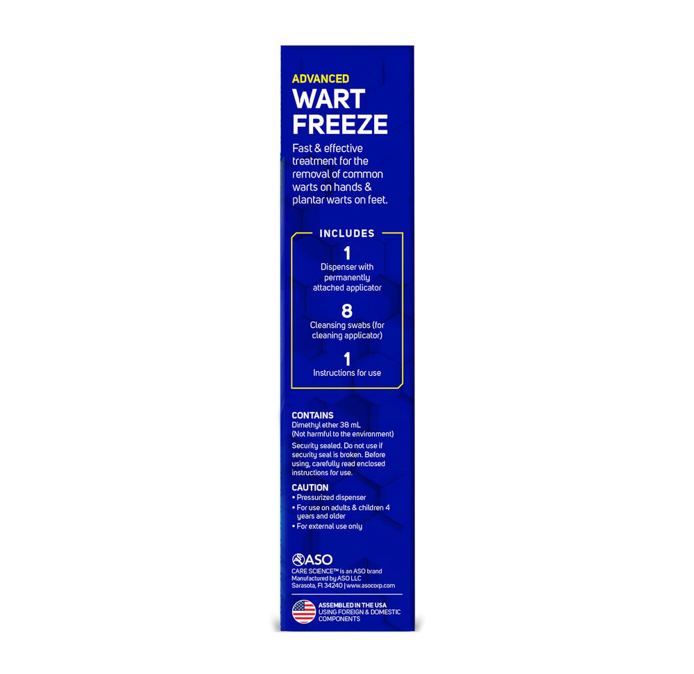 Care Science Wart Remover Freeze focuses on elbows, knees, and feet for versatile home care.