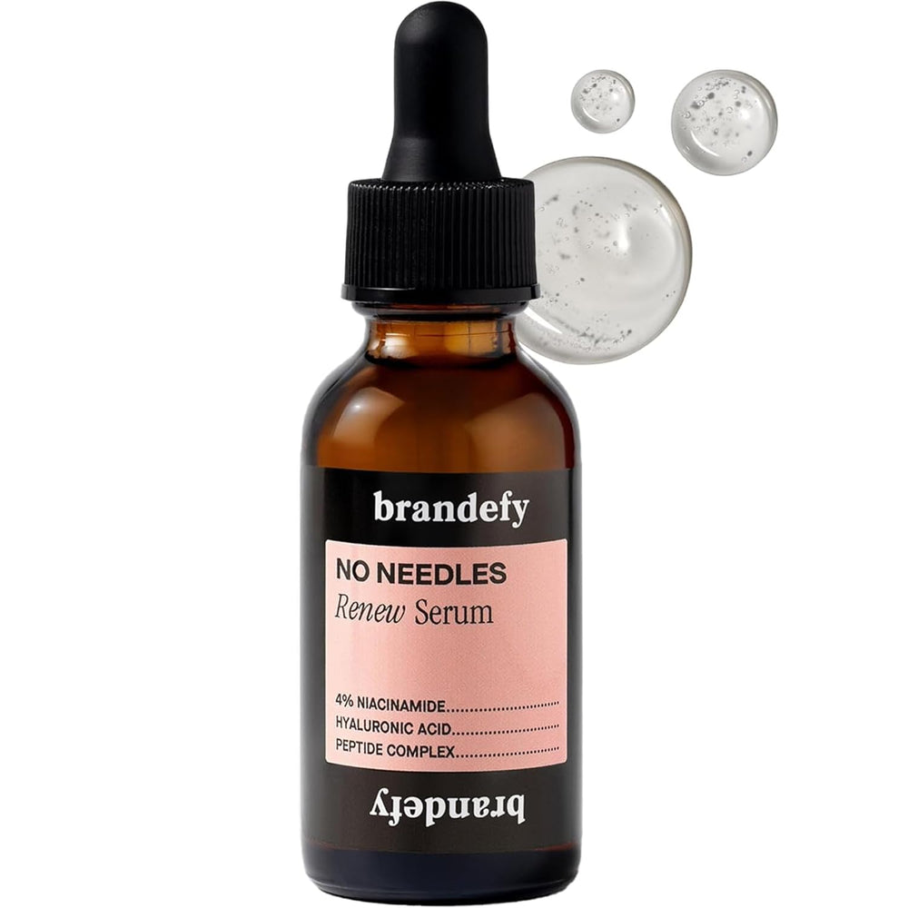 Brandefy No Needles serum bottle on a clean vanity for dewy, brighter skin.