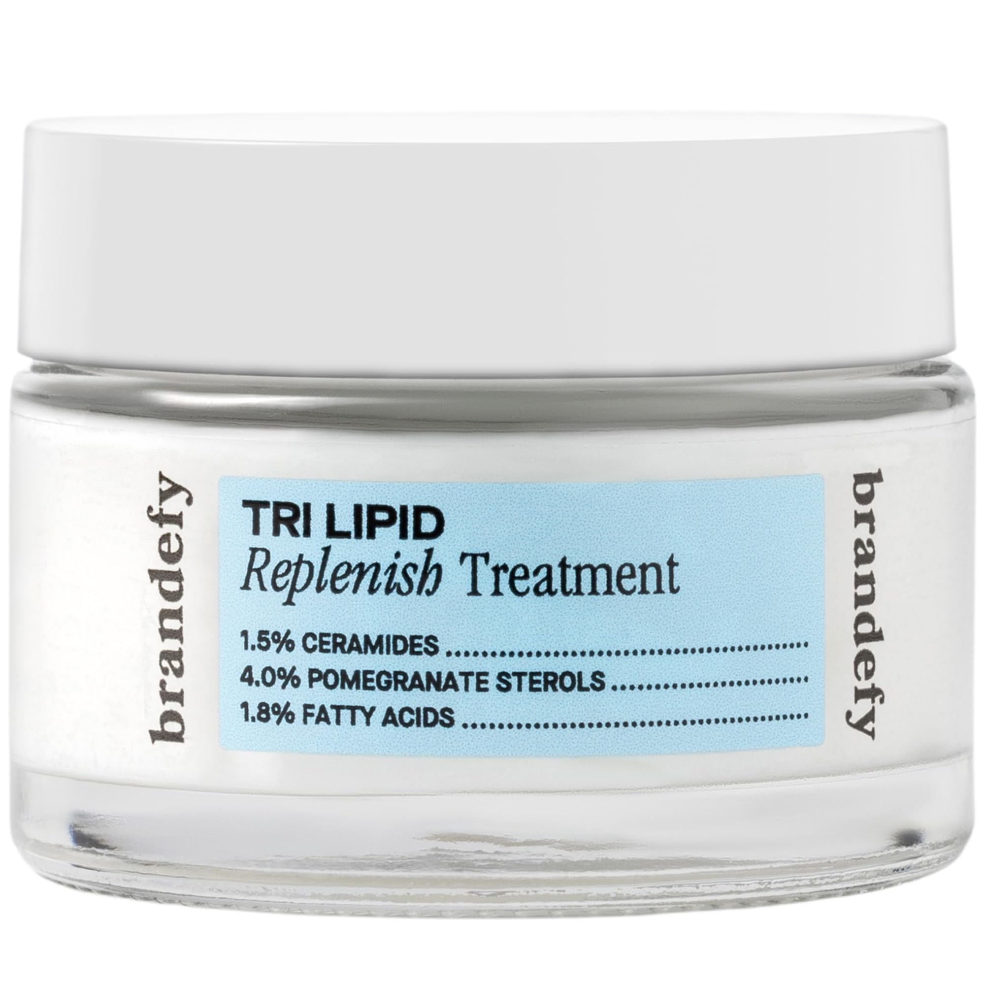 Brandefy Tri Lipid Replenish bottle close-up highlights hydrating ceramide protection.