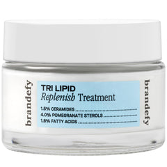 Brandefy Tri Lipid Replenish bottle close-up highlights hydrating ceramide protection.