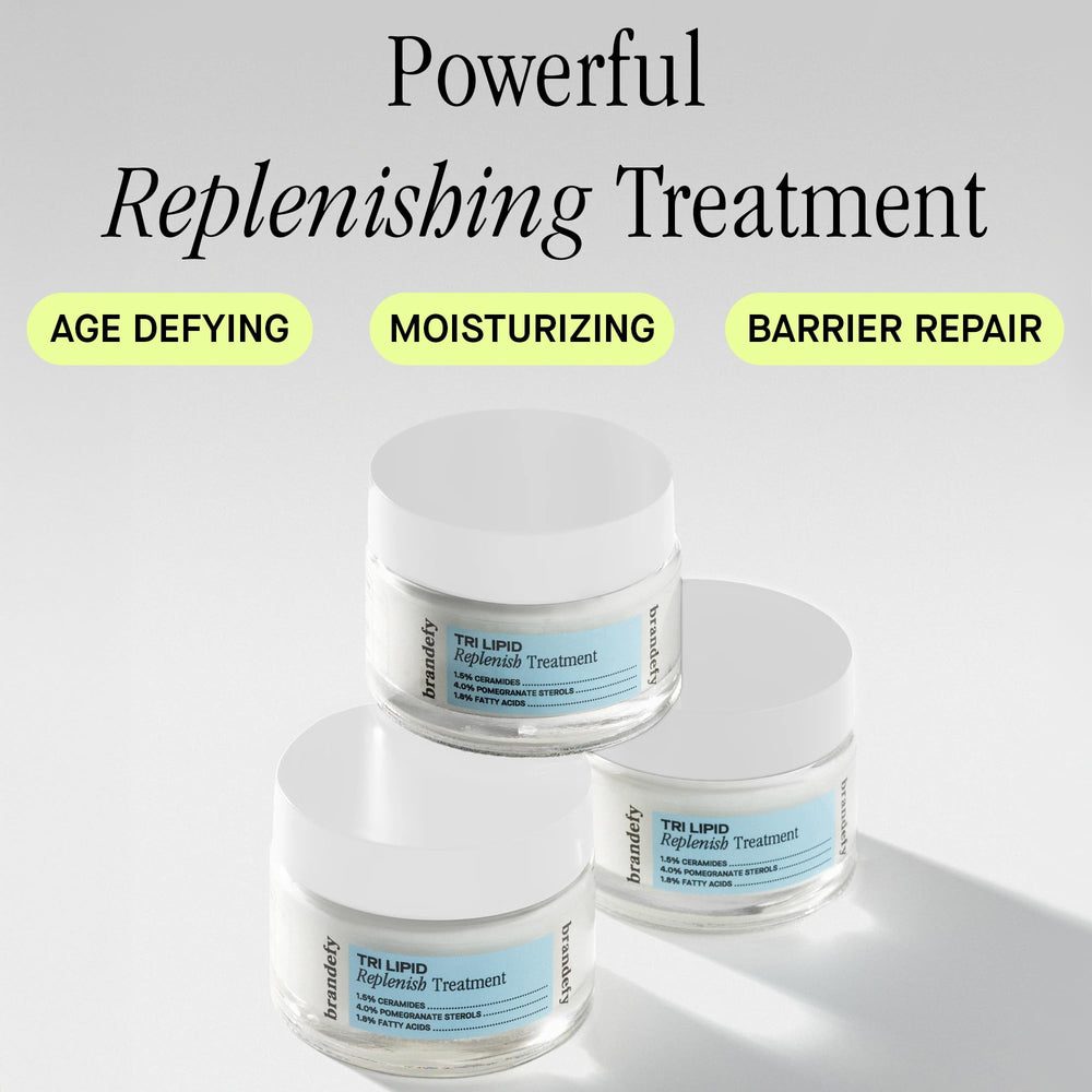 Brandefy Tri Lipid Replenish jar close-up reveals creamy texture for daily moisturization.