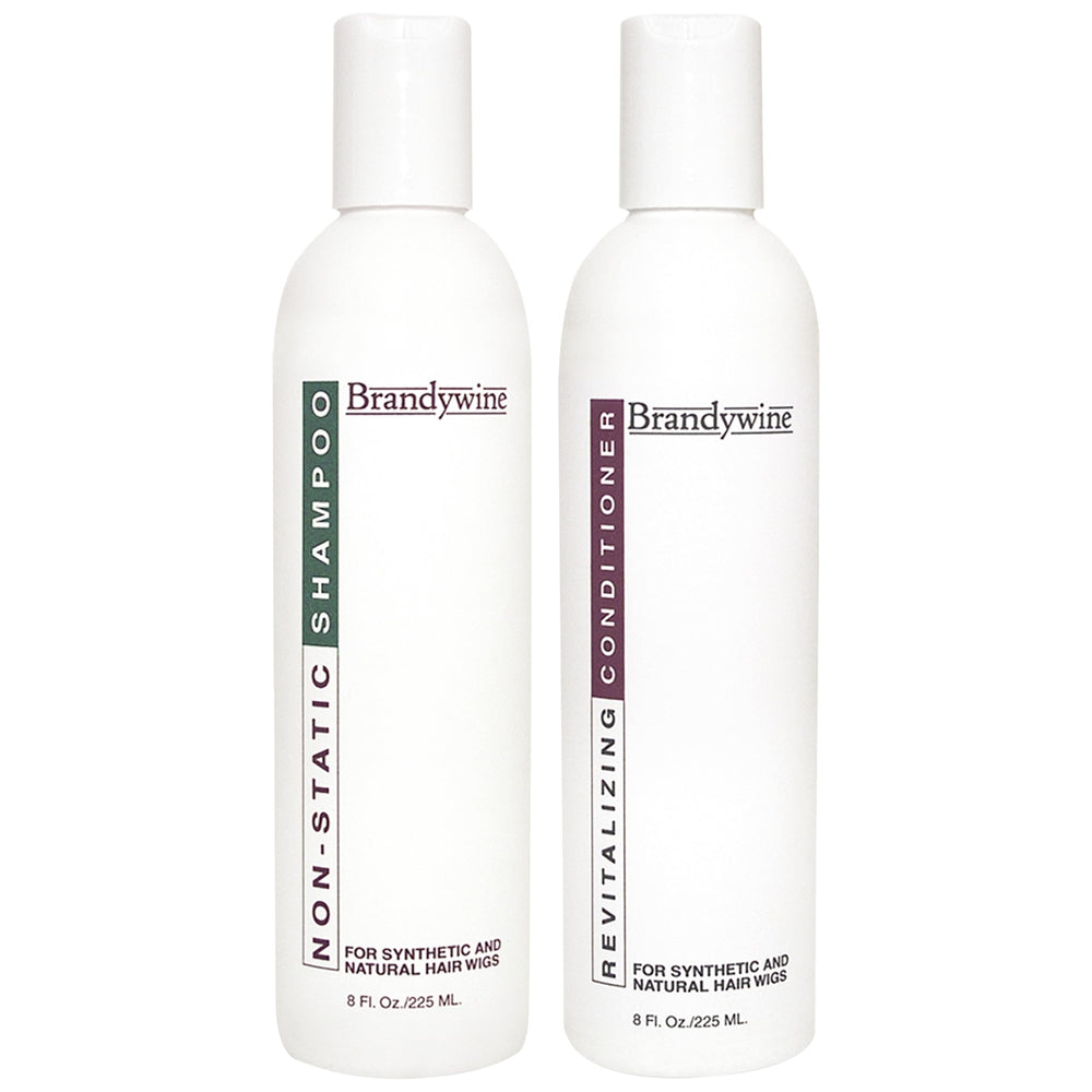 Brandywine anti-static shampoo bottle pouring for smoother wig fibers and reduced static.