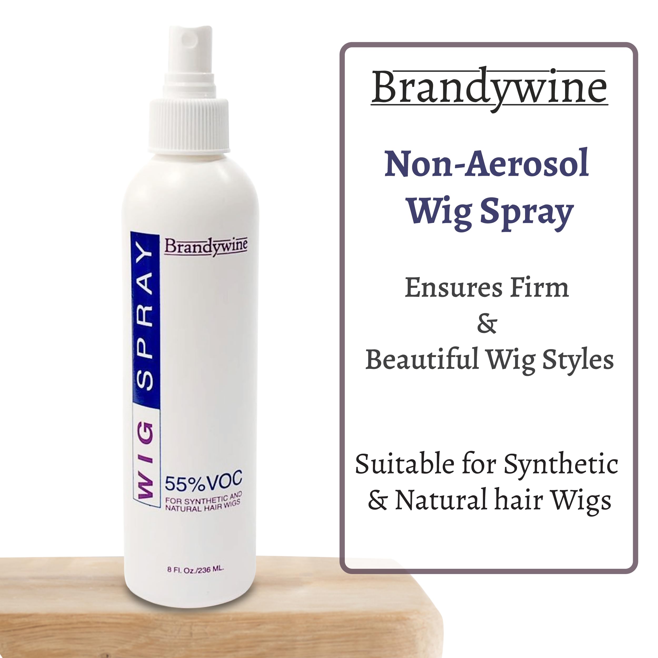 Brandywine non-aerosol wig spray mist for deodorizing and smoothing wig fibers.