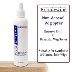 Brandywine non-aerosol wig spray mist for deodorizing and smoothing wig fibers.