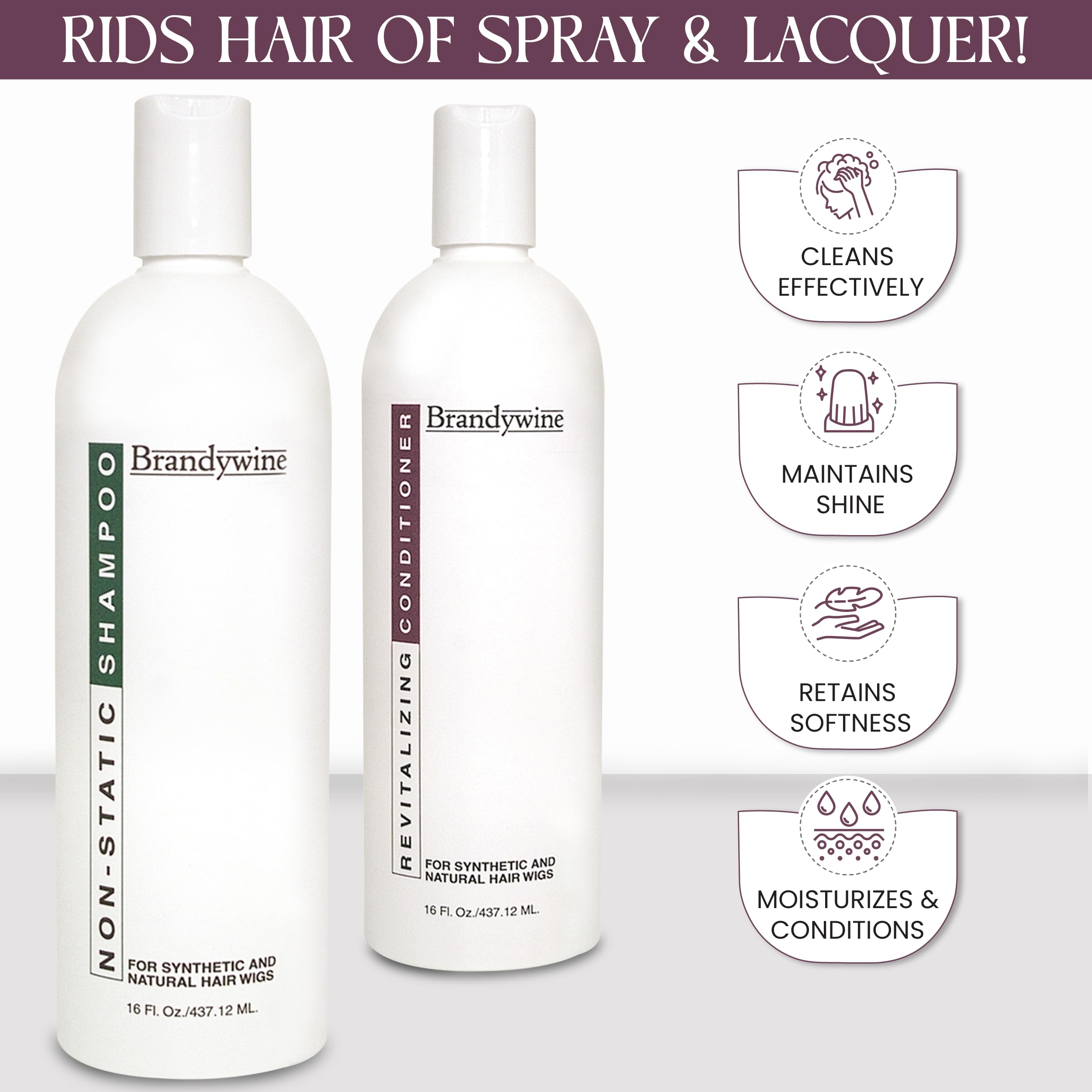 Brandywine Non Static Conditioner application on wig fibers boosts softness and manageability.