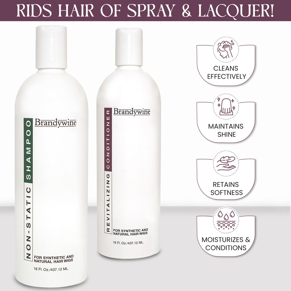 Brandywine Non Static Conditioner application on wig fibers boosts softness and manageability.