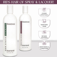 Brandywine Non Static Conditioner application on wig fibers boosts softness and manageability.