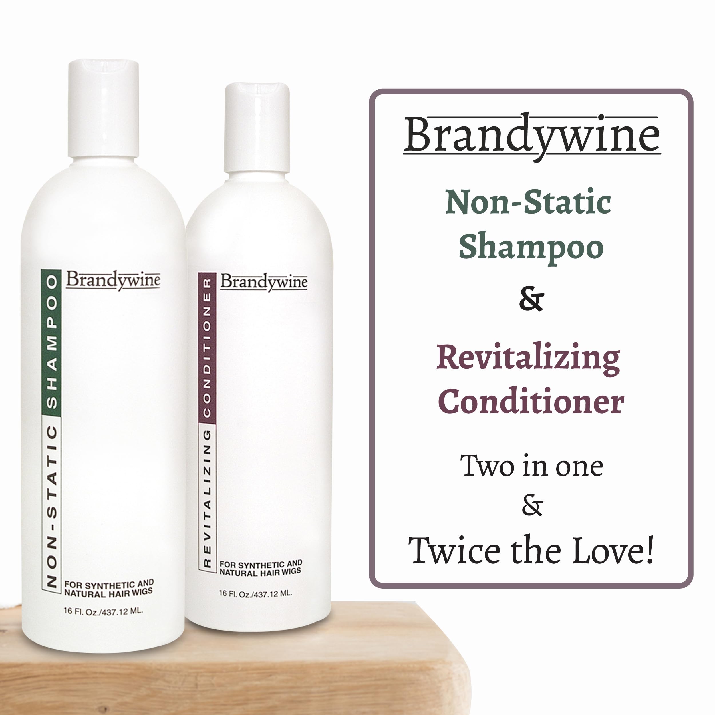 Brandywine Non Static Conditioner bottle smooths strands for wigs and toppers.
