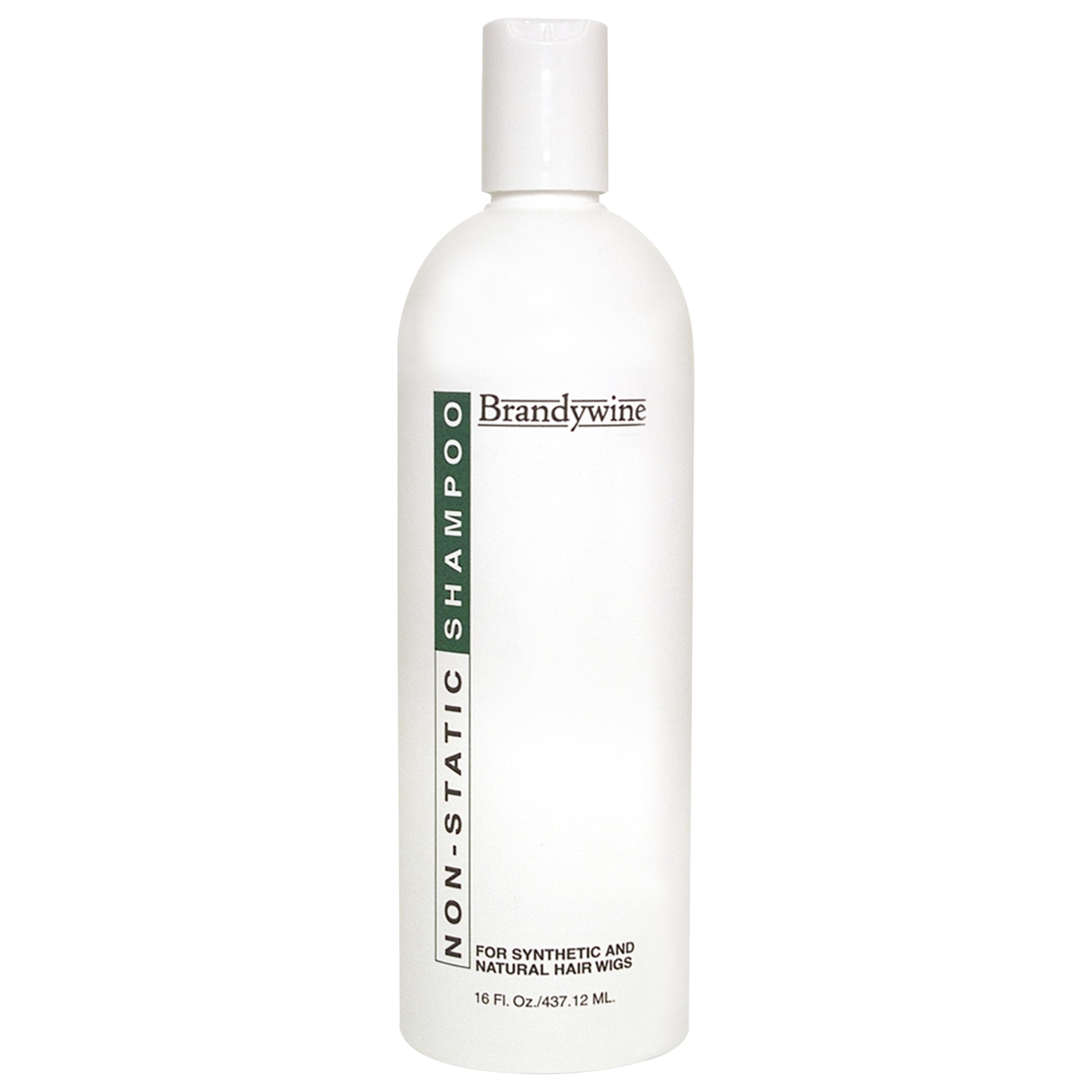 Brandywine Non Static Shampoo bottle front showing easy wig cleansing and gentle care.