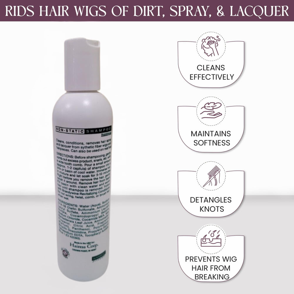 Brandywine Non Static Shampoo wig-cleaning action on synthetic and human hair.