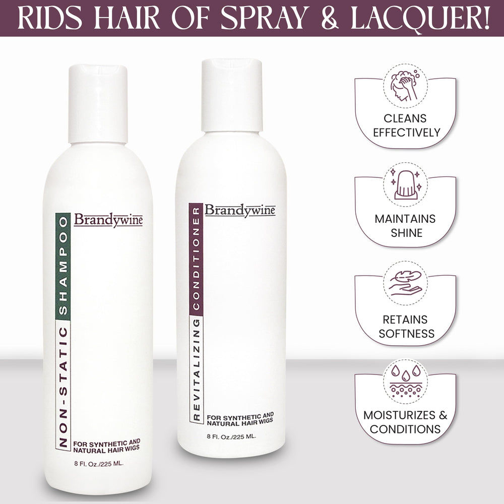 Brandywine wig care application hands demonstrate gentle cleansing and conditioning process.