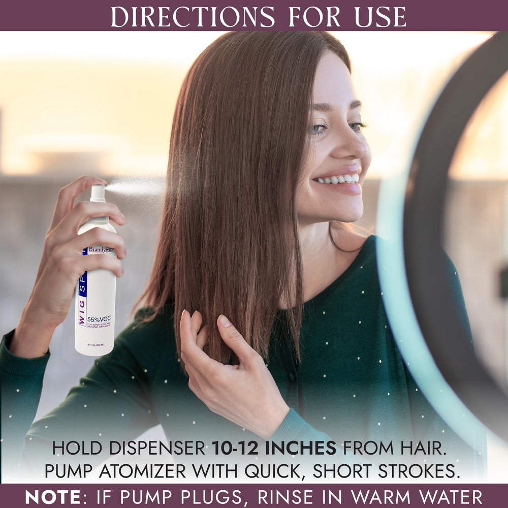 Brandywine non-aerosol wig spray on synthetic and natural wigs supports maintenance.