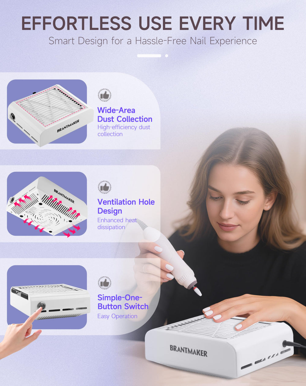 BRANTMAKER colector de polvo para uñas, diseño con enfriamiento eficiente para mayor durabilidad.