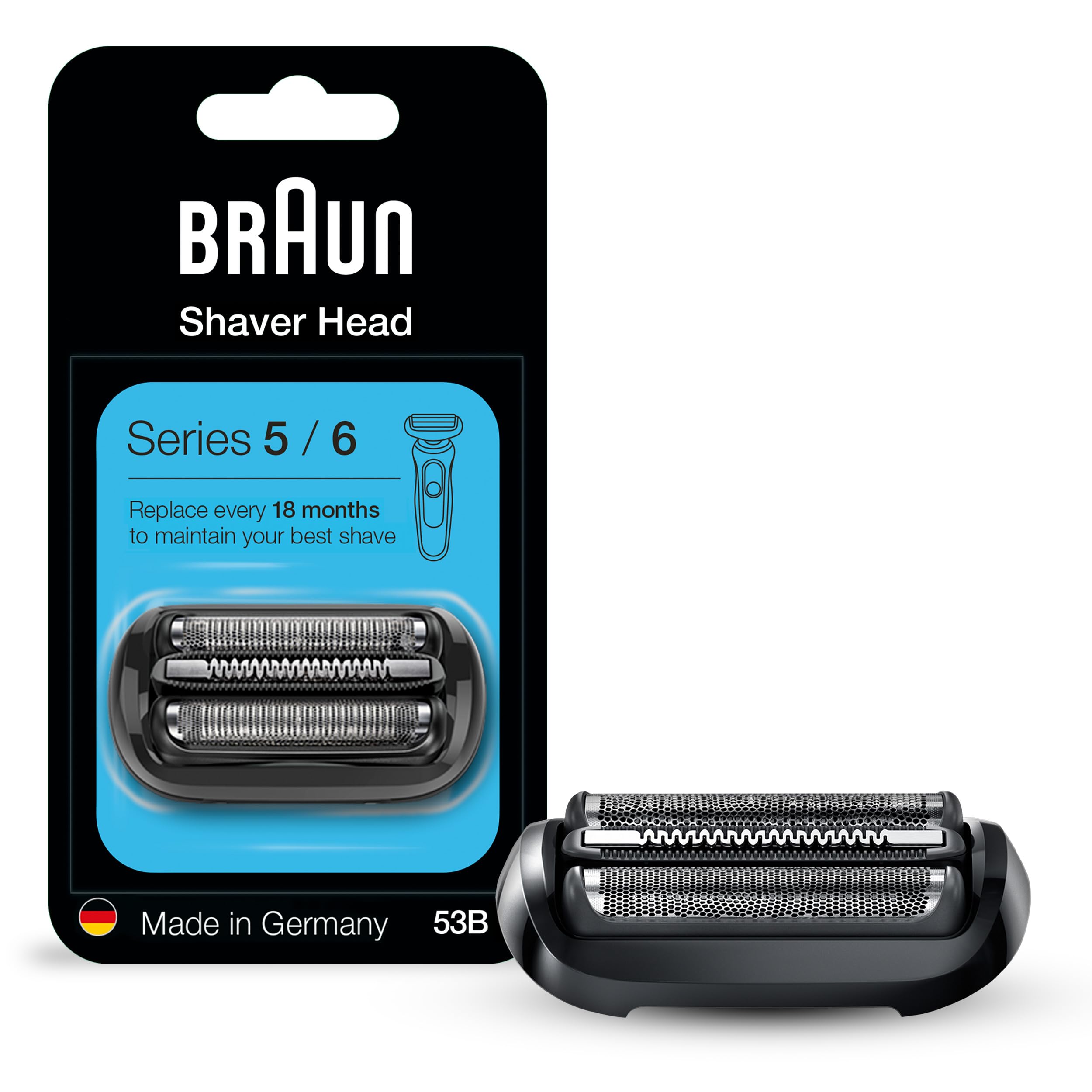 Braun Series 5 53B head front view—easy replacement for consistent, comfortable shaves.