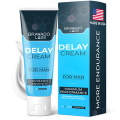Bravado Labs Premium Delay Cream 1oz bottle enables discreet, long-lasting intimacy.