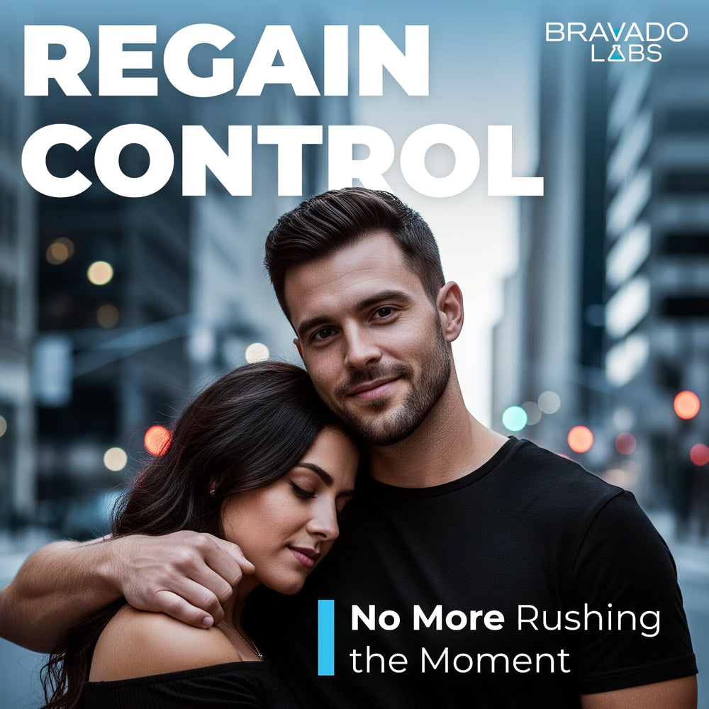 Bravado Labs Premium Delay Cream safe-use image demonstrates water-based formula compatibility with latex condoms.