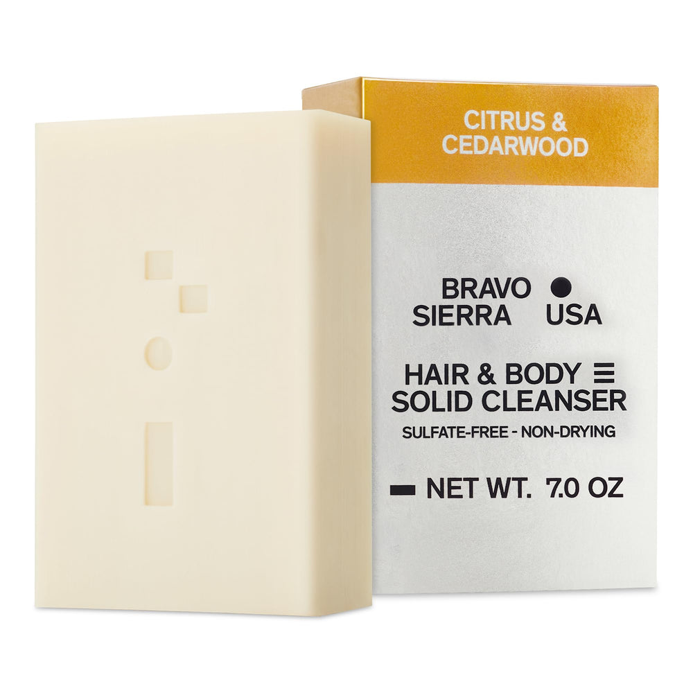Bravo Sierra all-in-one shampoo bar Citrus Cedarwood pack shot for travel-ready care