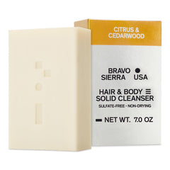 Bravo Sierra all-in-one shampoo bar Citrus Cedarwood pack shot for travel-ready care