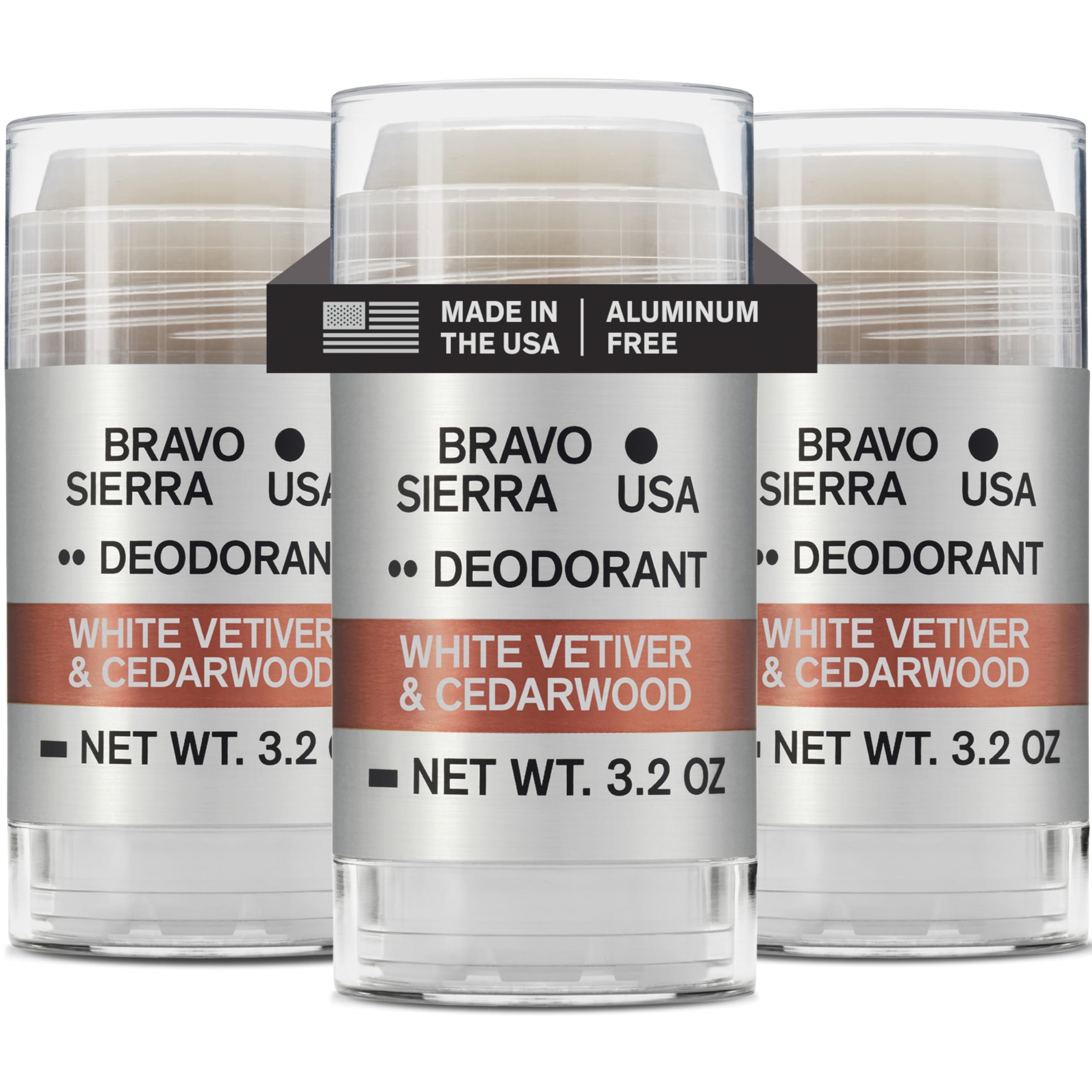 Bravo Sierra aluminum-free deodorant 3-pack bottles shown for travel protection.