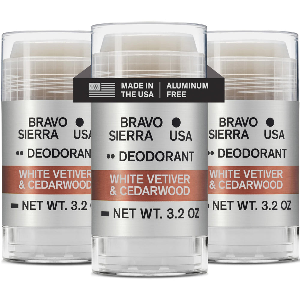 Bravo Sierra aluminum-free deodorant 3-pack bottles shown for travel protection.