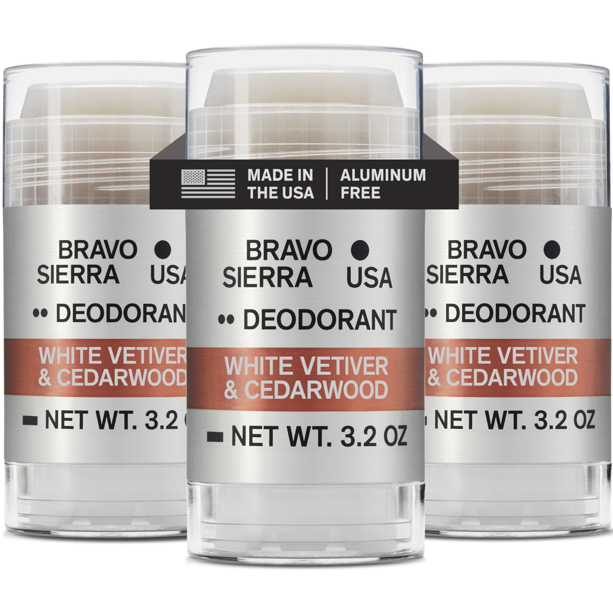 Bravo Sierra aluminum-free deodorant 3-pack bottles shown for travel protection.