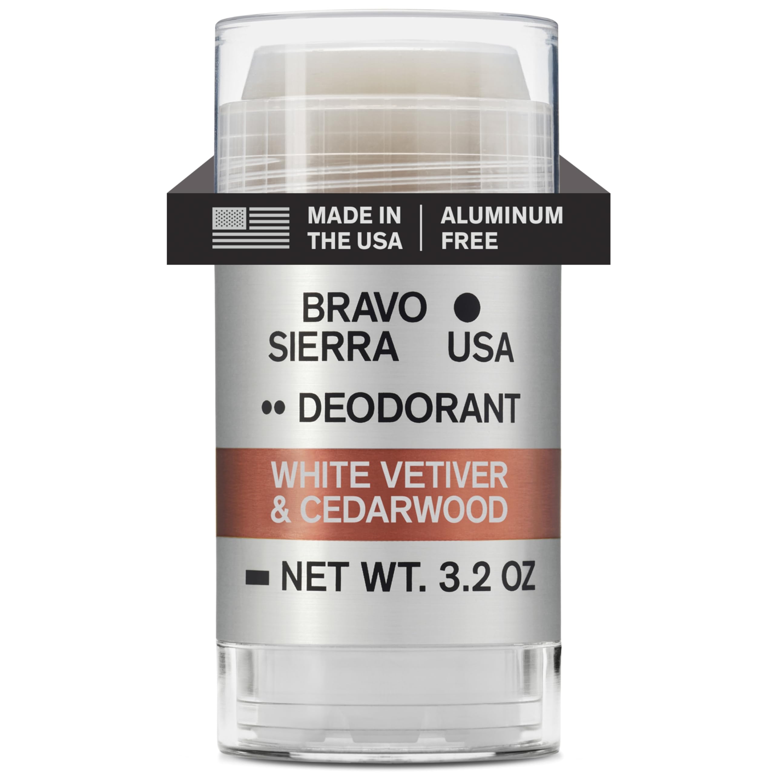 Bravo Sierra aluminum-free deodorant bottle with White Vetiver & Cedarwood for all-day protection