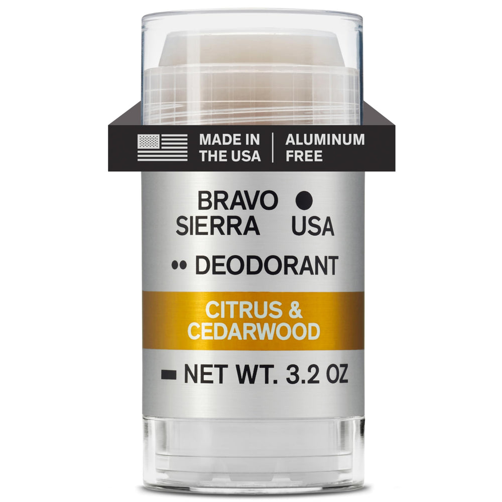 Bravo Sierra aluminum-free deodorant Citrus & Cedarwood bottle shows long-lasting protection
