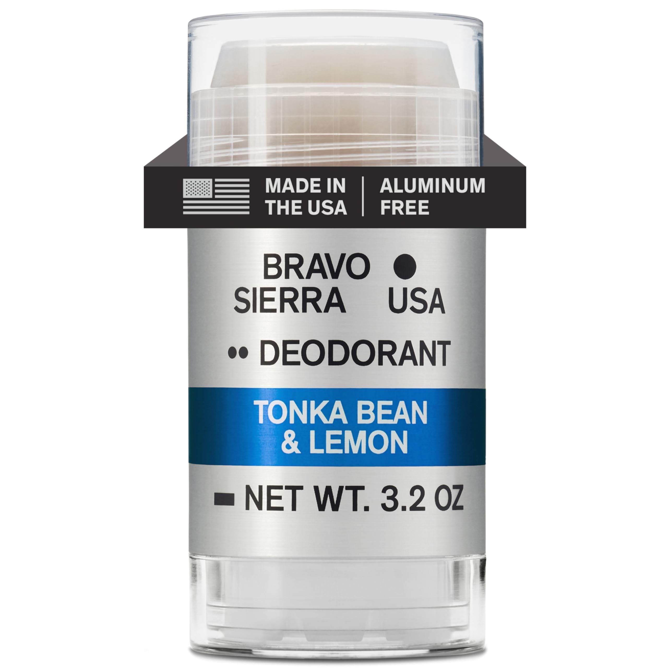 Bravo Sierra aluminum-free deodorant stick delivers all-day odor protection with tonka bean and lemon.