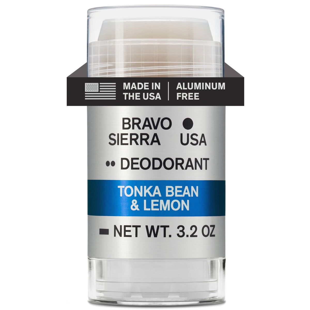 Bravo Sierra aluminum-free deodorant stick delivers all-day odor protection with tonka bean and lemon.
