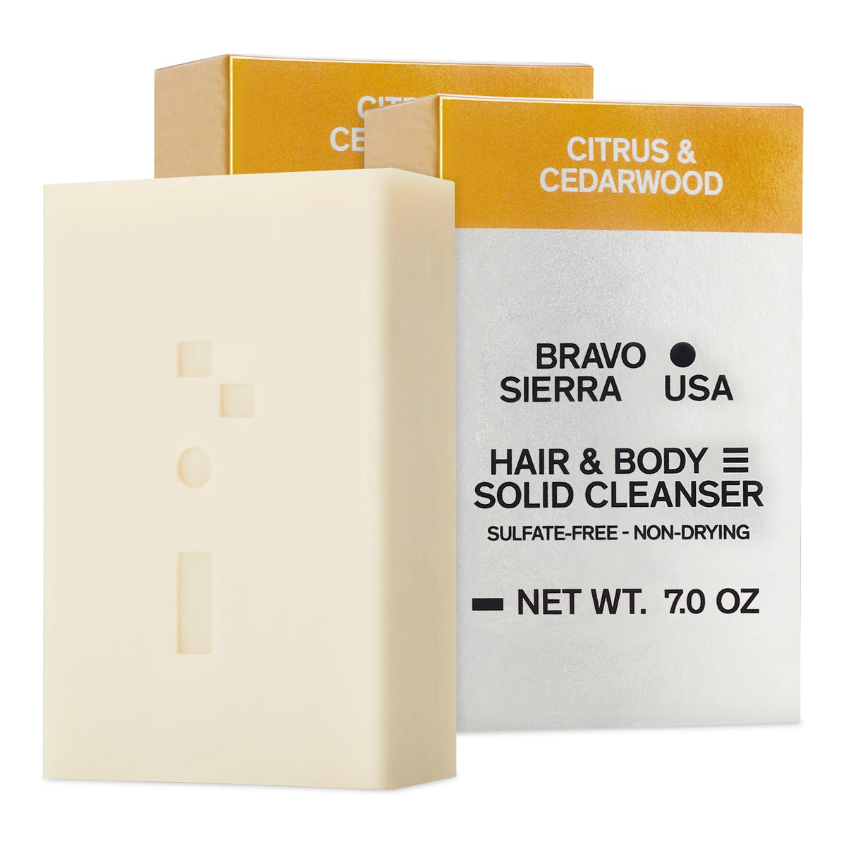 Bravo Sierra 2-pack solid cleanser packshot highlighting travel-friendly size.
