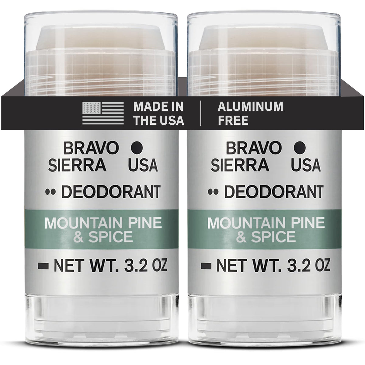 Bravo Sierra deodorant 2-pack Mountain Pine & Spice bottle offers long-lasting odor protection