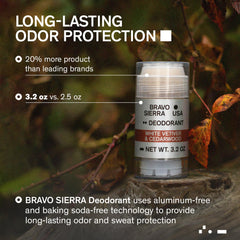 Bravo Sierra deodorant box highlighting clean ingredients and vegan formula