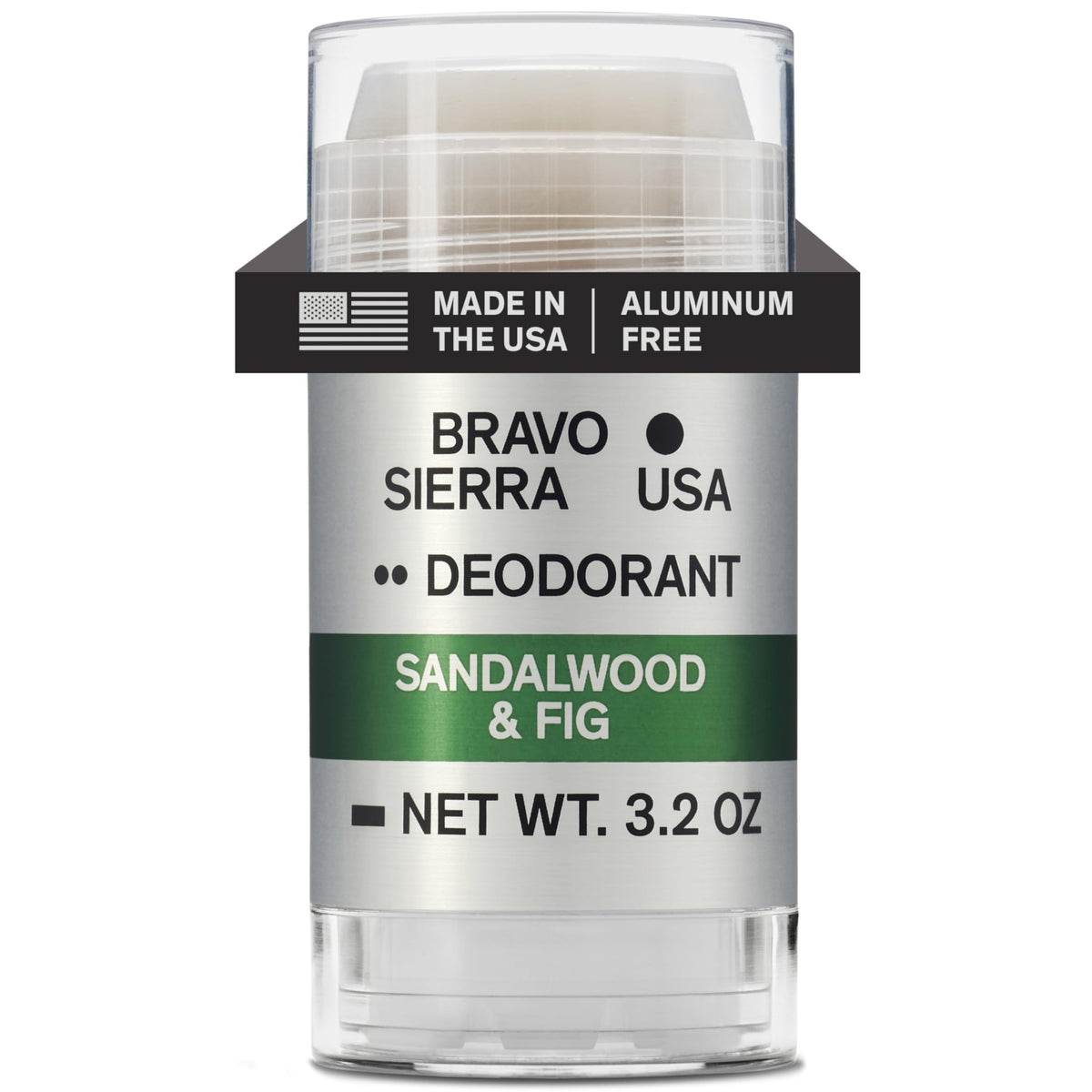 Bravo Sierra deodorant packaging highlighting sandalwood-fig scent for daily freshness