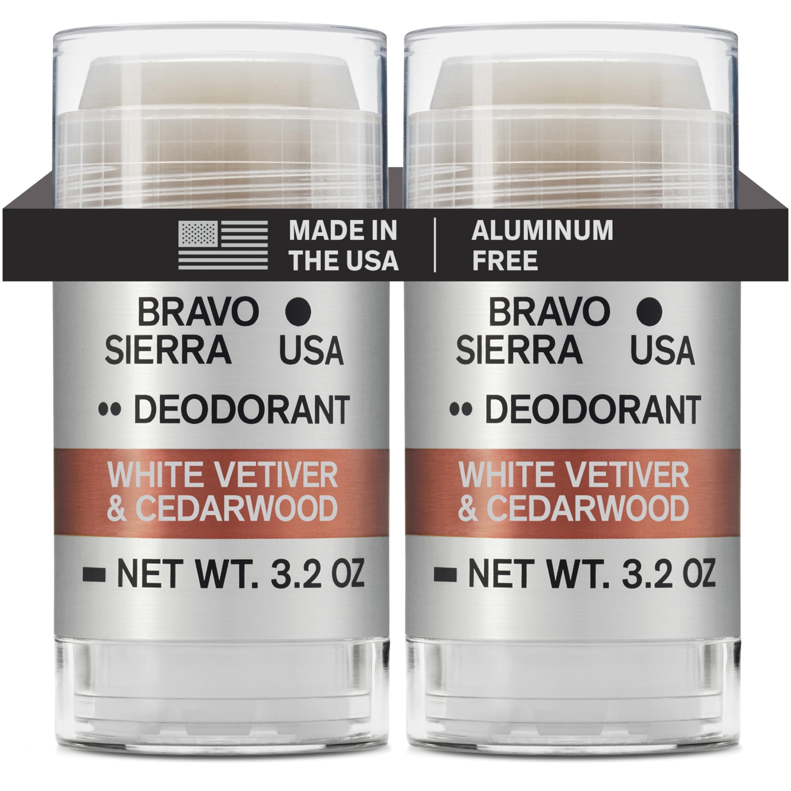 Bravo Sierra two-pack deodorant with woodsy white vetiver and cedarwood scent for all-day freshness.