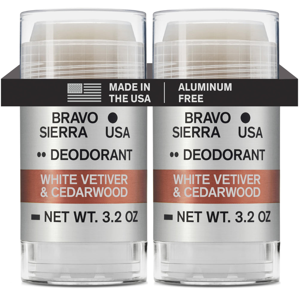 Bravo Sierra two-pack deodorant with woodsy white vetiver and cedarwood scent for all-day freshness.