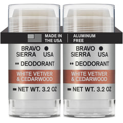 Bravo Sierra two-pack deodorant with woodsy white vetiver and cedarwood scent for all-day freshness.
