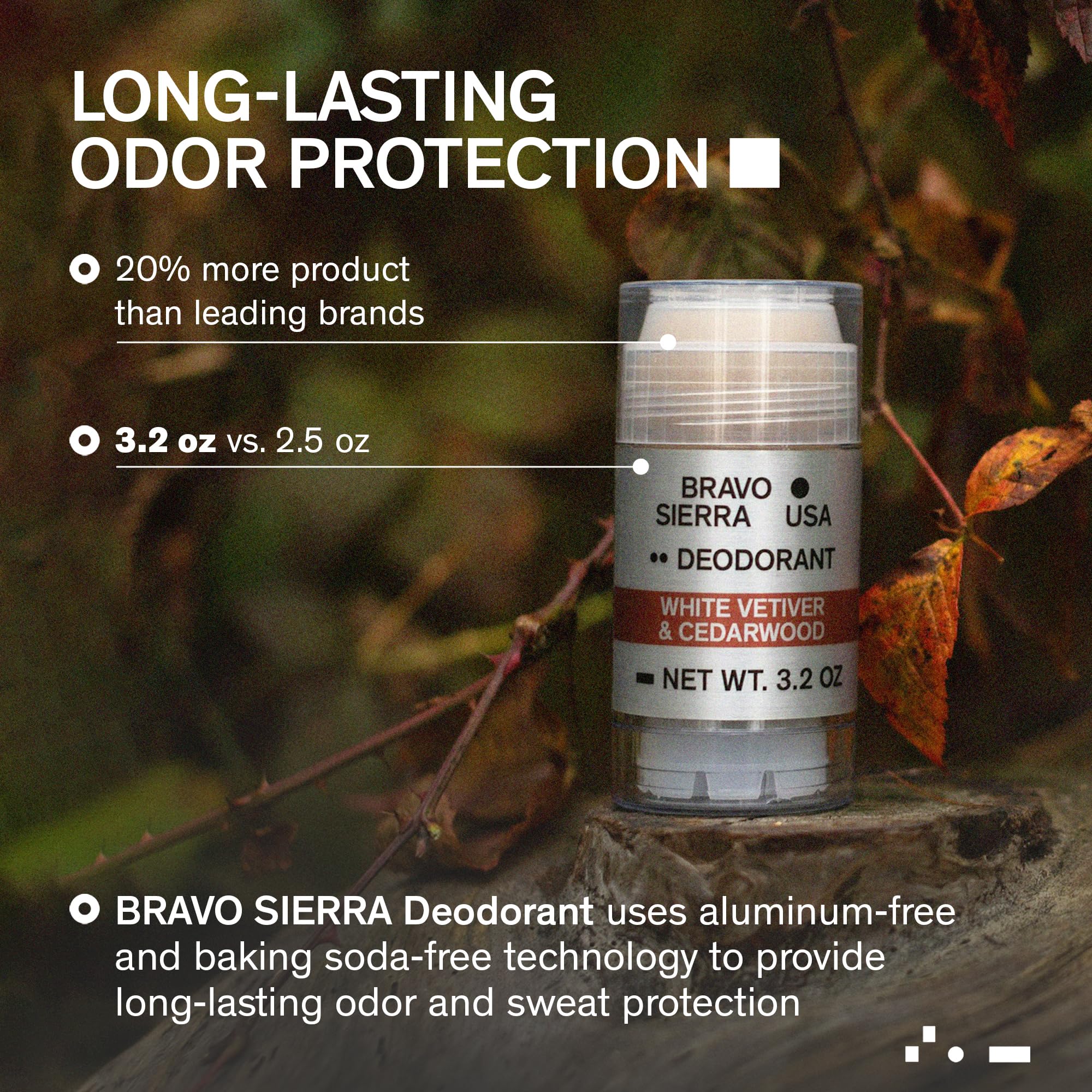 Bravo Sierra White Vetiver & Cedarwood scent emphasizes woodsy notes for daily wear.