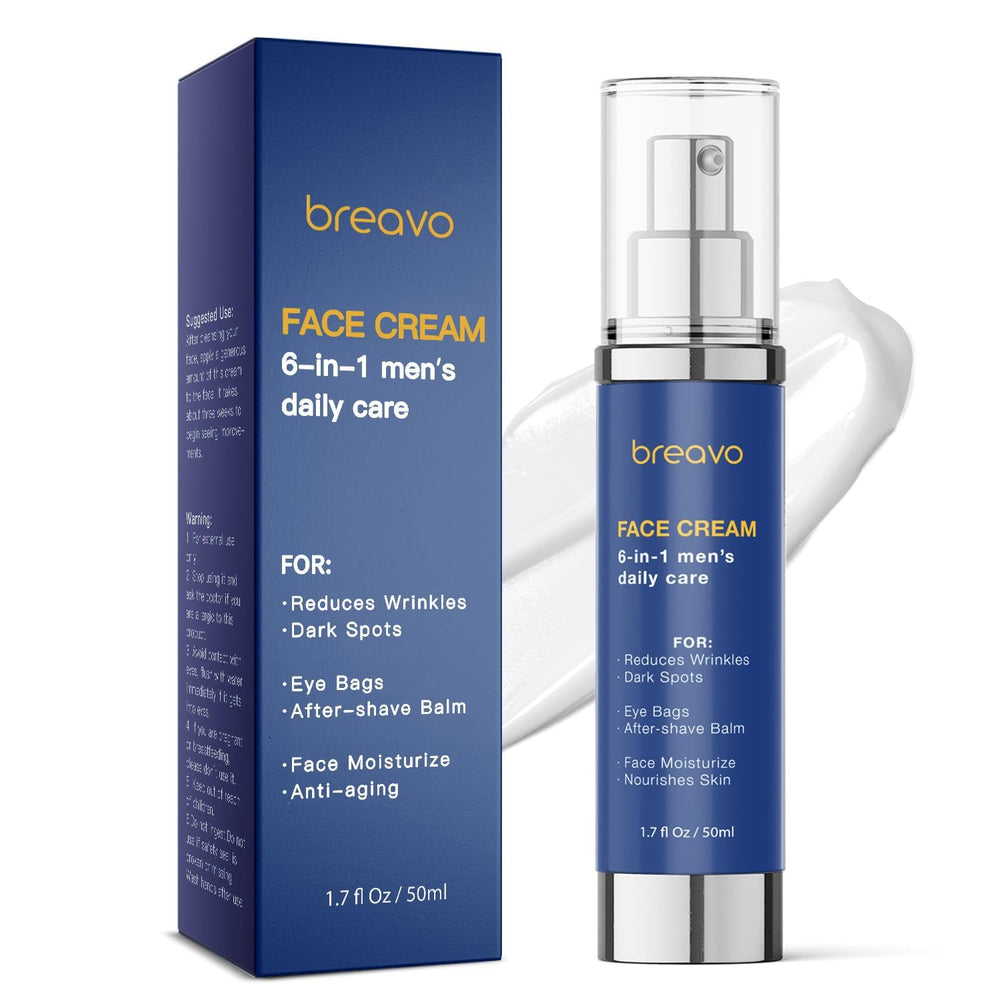 Breavo 6 in 1 face cream packaging highlights convenient daily-use jar for men.