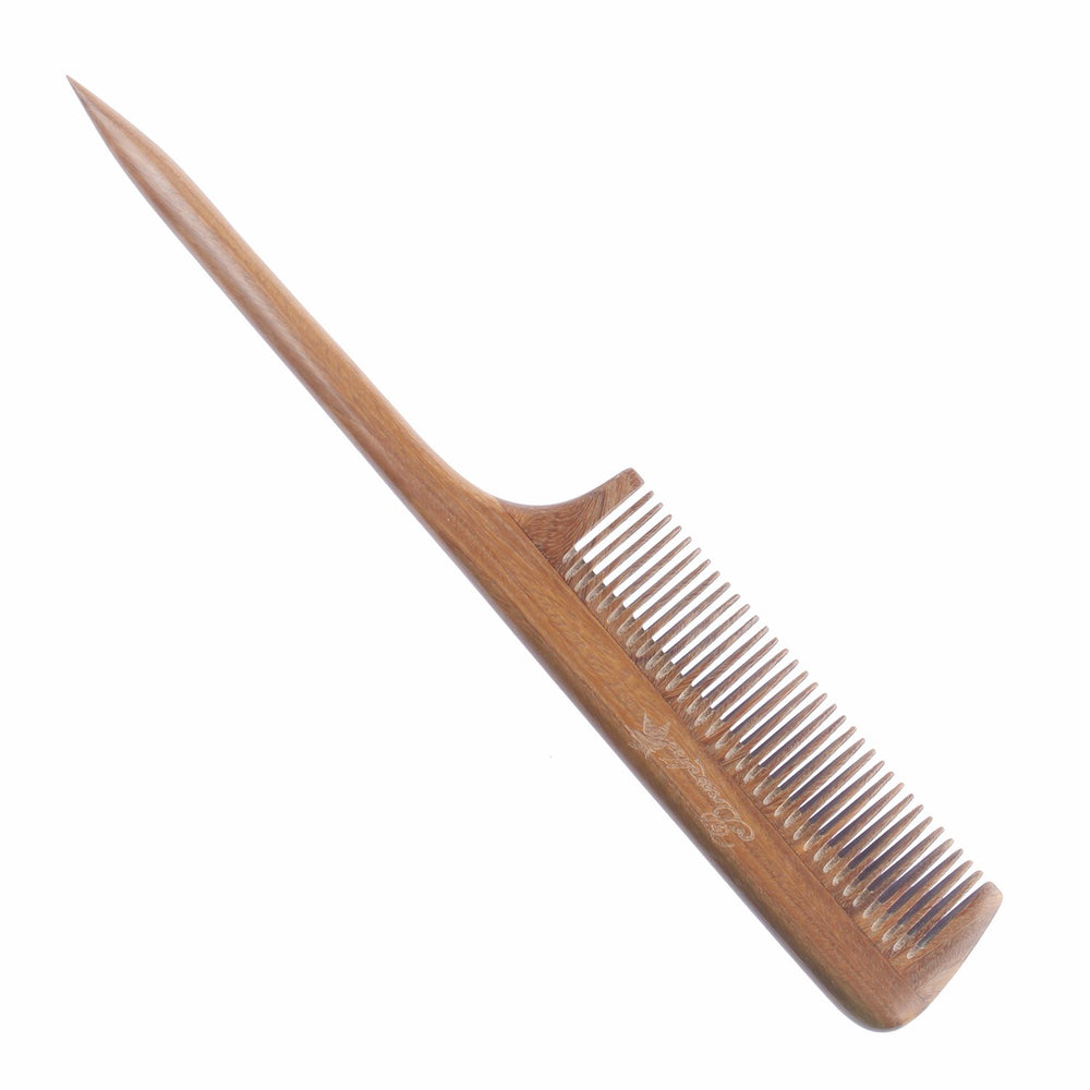 Breezelike tail comb wooden-handle shows scalp massage and oil distribution